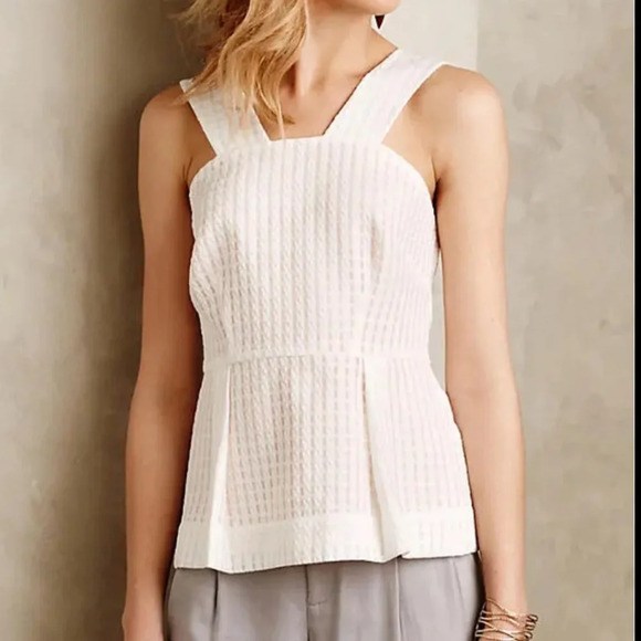 Maeve‎ Anthropologie Basket Weave Grid & Peach Peplum Tank Top 0P - Picture 2 of 7